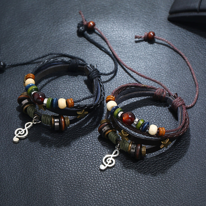 Beaded Alloy Musical Note Leather Bracelet