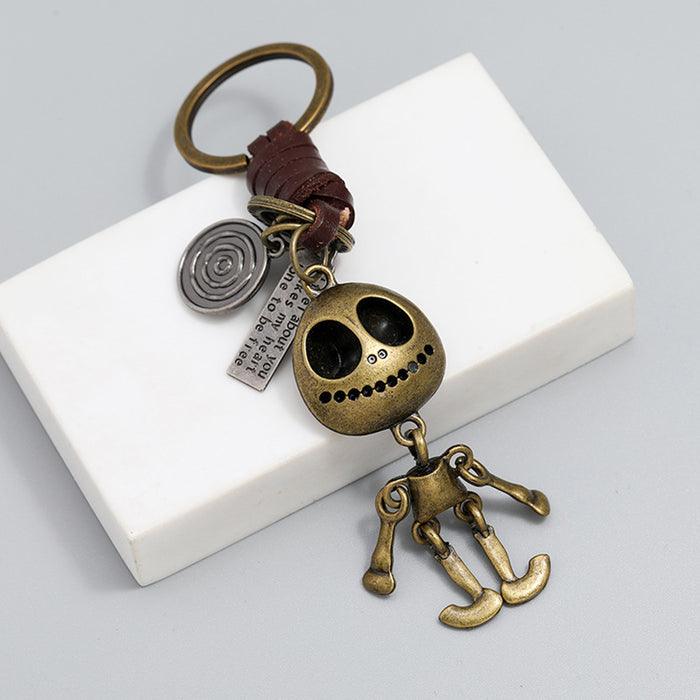 Vintage Skull Keychain Personalized Bag Charm Metal Key Ring Leather Gift