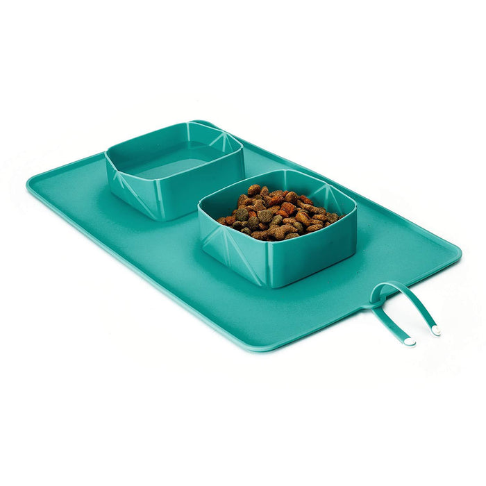 Silicone Pet Double Bowl Portable Folding Drinking Water Cat Food Plate Dog Food Rice Bowl Mat