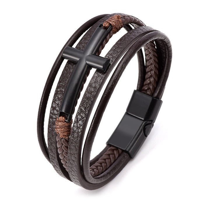 Cross Leather Bracelet Multi-layer Leather Cord Braided Bracelet