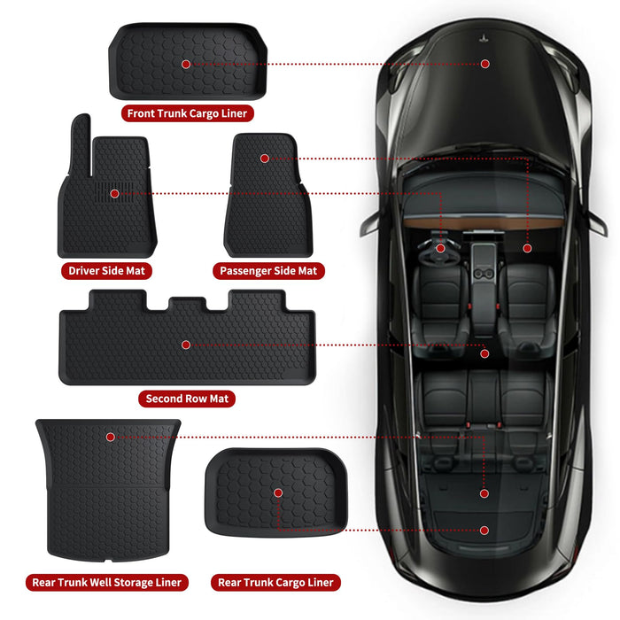 Silicone Car Foot Mat Eco-friendly Waterproof 5 Seat 7 Seat Foot Mat Tailbox Mat For Tesla Model Y (6 pieces One Set)