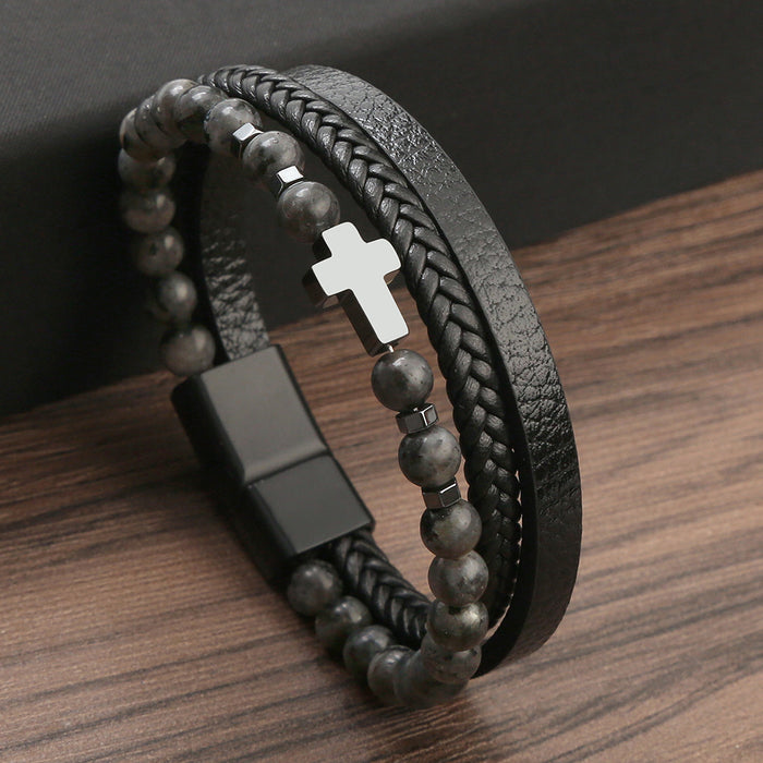 Natural Stone Obsidian Magnetic Buckle Men's Leather Bracelet