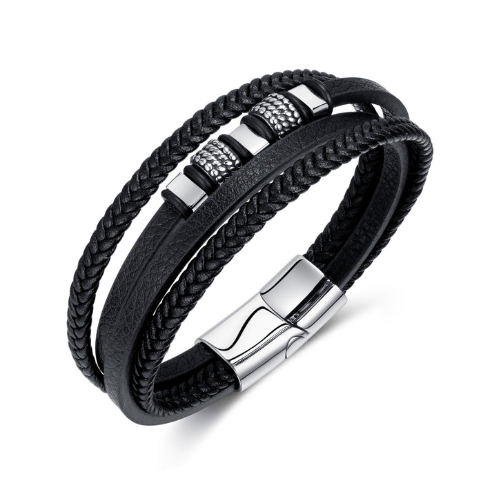 Stylish Stainless Steel Magnetic Buckle Personalized Retro Multi-layer Hand-woven Leather Bracelet