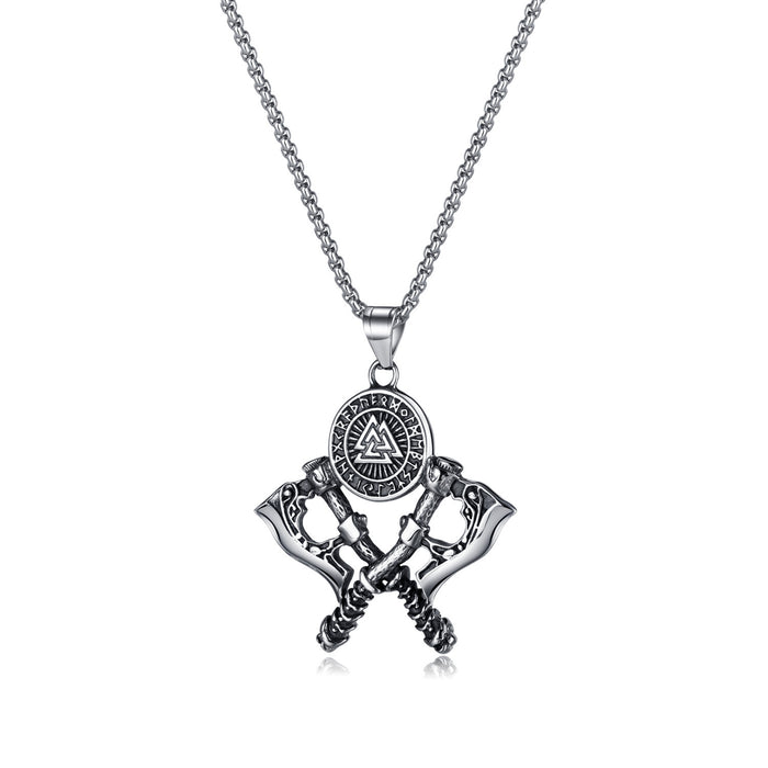 Personalized Vintage Stainless Steel Nordic Viking Warrior Odin Rune Double Axe Necklace