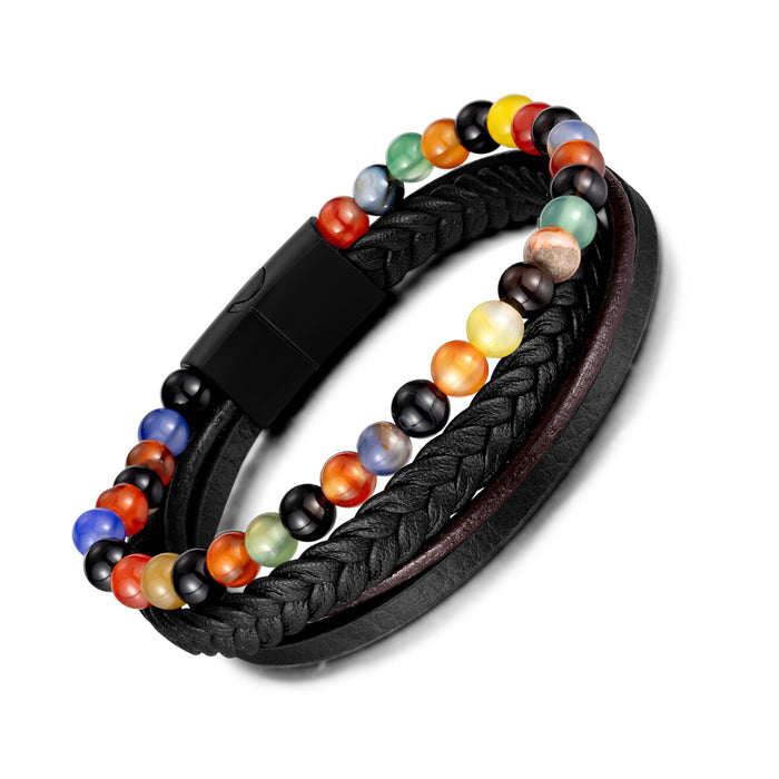 Vintage Stainless Steel Multi-layer Woven Bracelet Natural Agate Bead Leather Bracelet