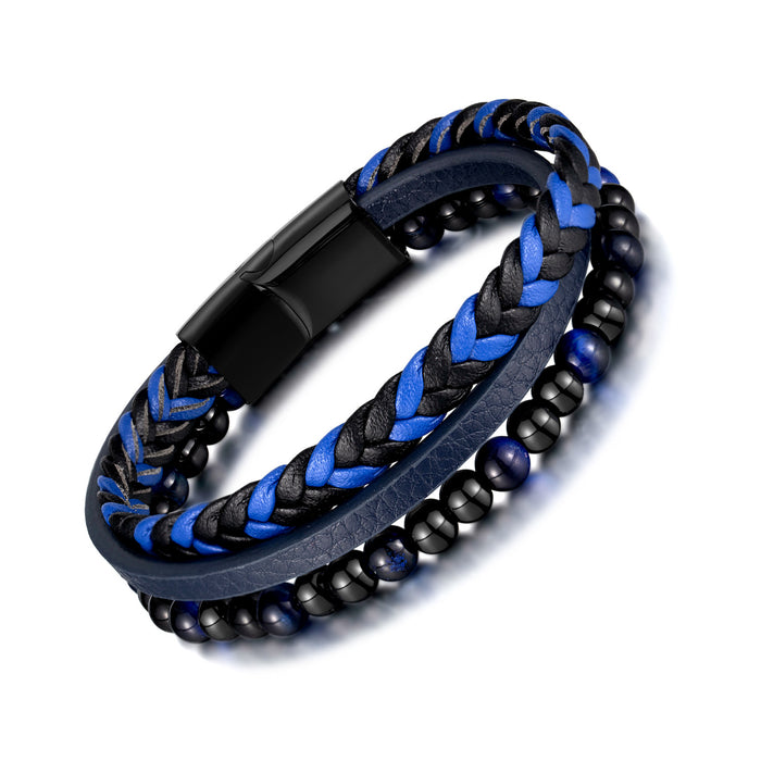Creative Design Sense Tiger Eye Stone Bracelet Stainless Steel Multi-layer Woven Leather Bracelet