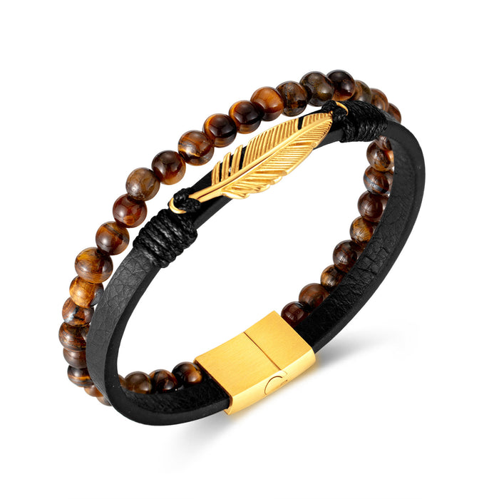 Stainless Steel Gold Plated Feather Double Yellow Tiger Eye Stone Beaded Leather Bracelet