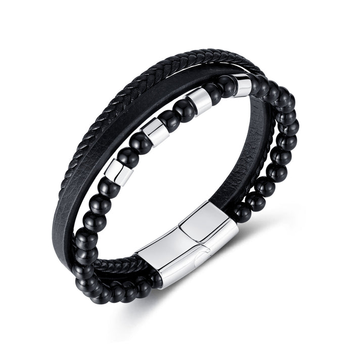 Fashion Vintage Multi-woven Black Agate Beaded Stainless Steel Leather Bracelet
