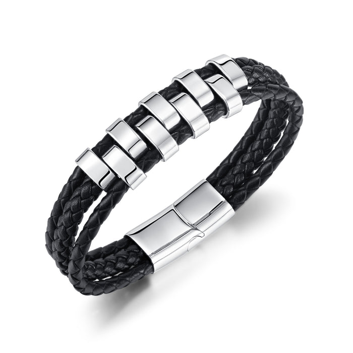 Stylish Personality Punk Style Stainless Steel Magnetic Buckle Bracelet Multi-layer Woven Leather Bracelet