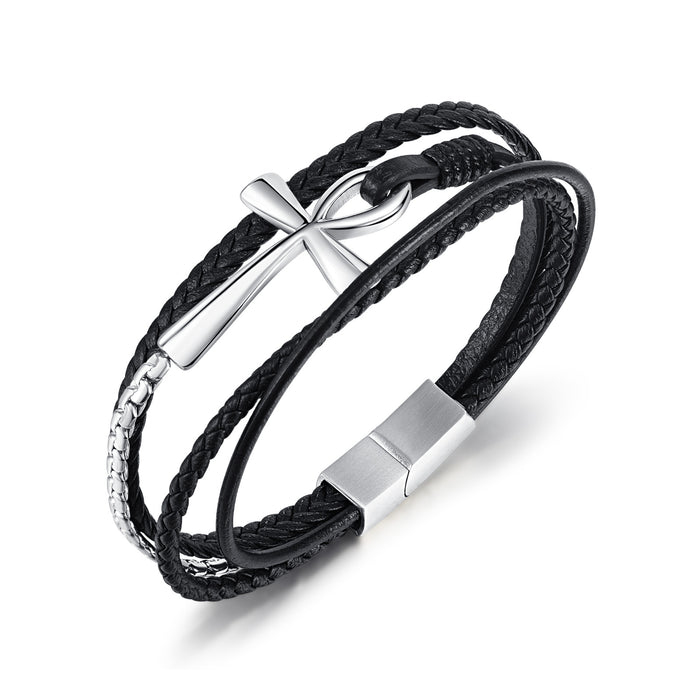 Personalized Vintage Multi-layer Woven Leather Bracelet Cross Stainless Steel Bracelet