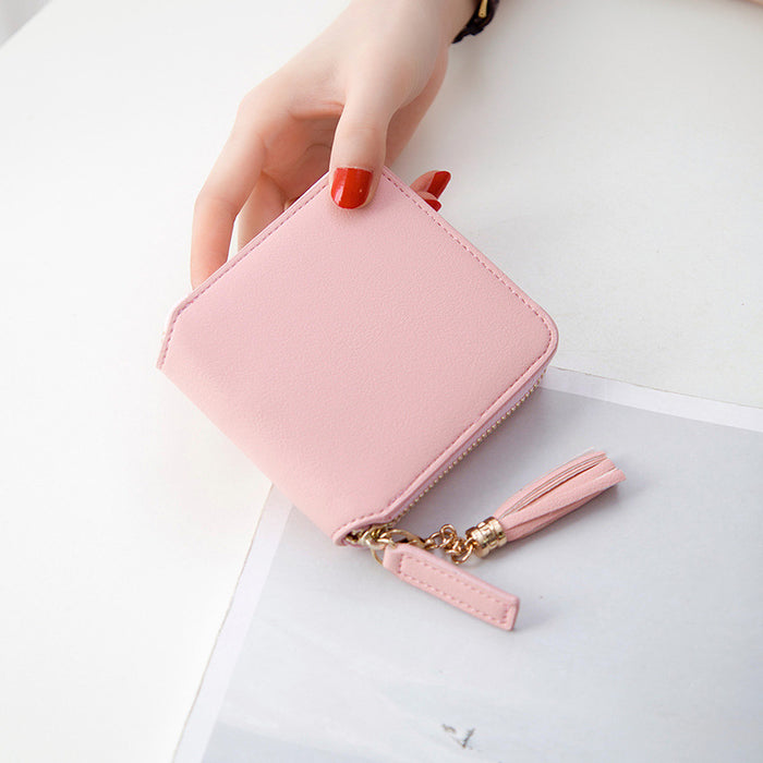 Fashion Women PU Leather Wallets Tassel Small Coin Bag Simple Zipper Card Purse
