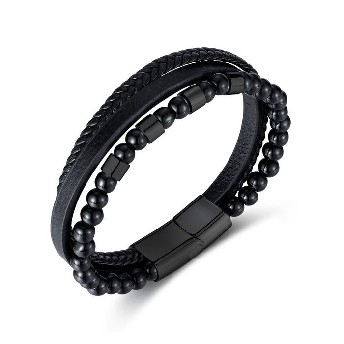 Fashion Vintage Multi-woven Black Agate Beaded Stainless Steel Leather Bracelet