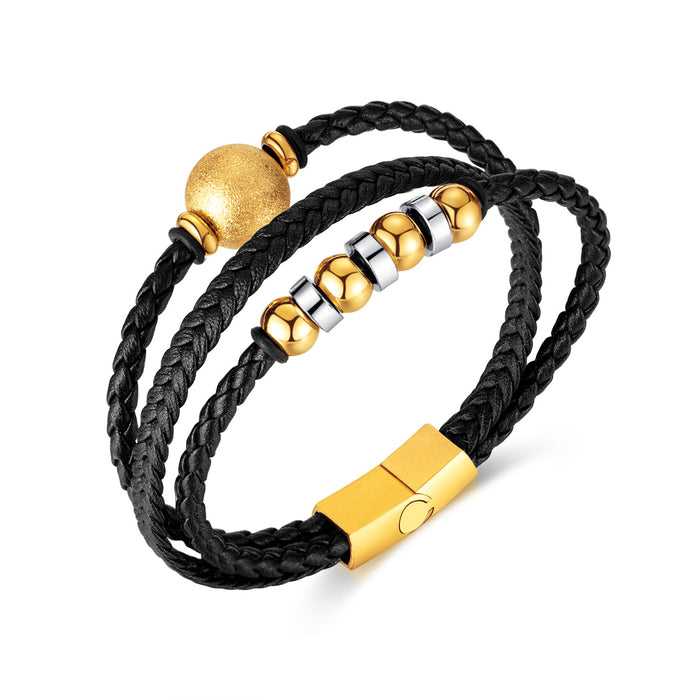 Vintage Multi-layer Woven Stainless Steel Bead Stitching Leather Bracelet