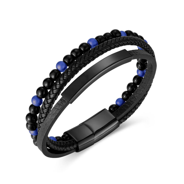 Multi-layer Woven Stainless Steel Black Agate Beaded Leather Bracelet