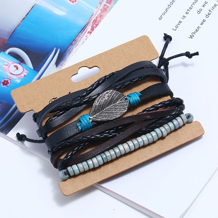 Vintage Woven Ethnic Wind Leaf Leather Bracelet (One Set)
