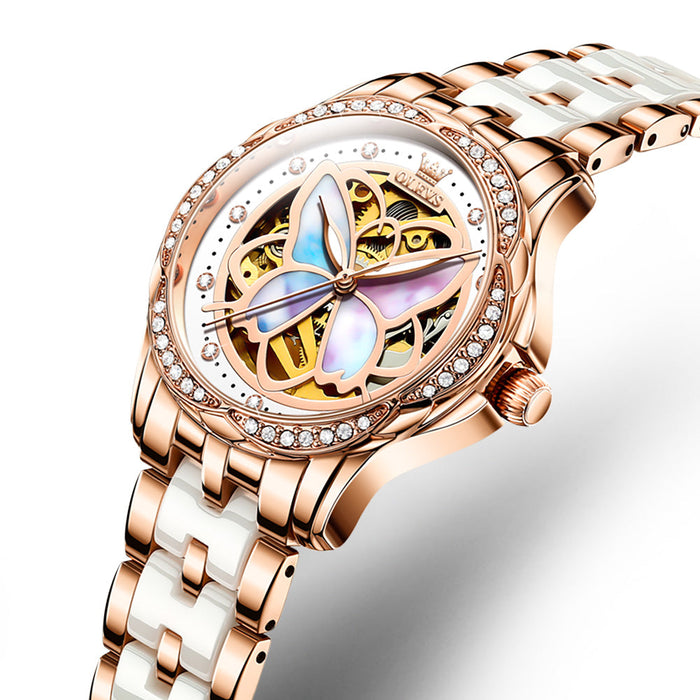 Butterfly Diamond-encrusted Hollowed Out Mechanical Skin With Steel Belt Women's Watch
