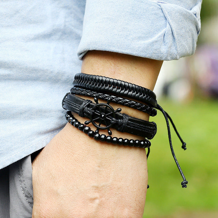 Hand-woven Black Cowhide Rudder Bracelet (One Set)