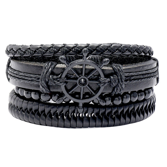 Hand-woven Black Cowhide Rudder Bracelet (One Set)