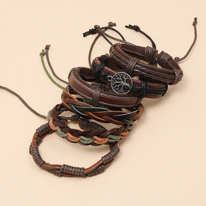 Vintage Hand-woven Cowhide Bracelet Men's Bracelet Combination Bracelet(One Set)