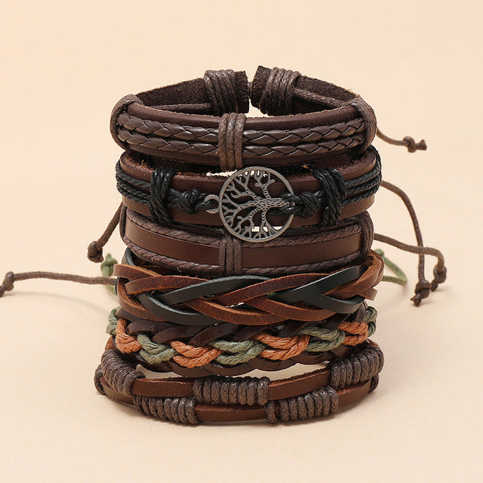 Vintage Hand-woven Cowhide Bracelet Men's Bracelet Combination Bracelet(One Set)