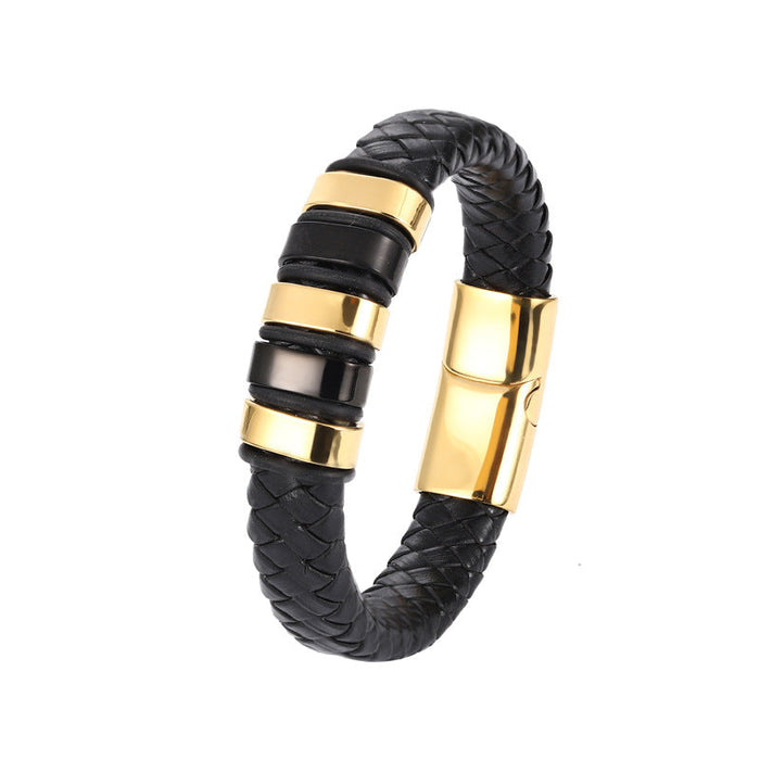 Stainless Steel Leather Braided Bracelet Gold Black Bracelet