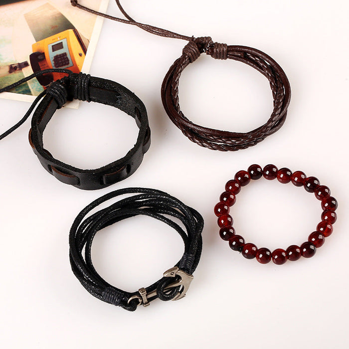 Vintage Woven Anchor Cowhide Hand Ornaments Hand Rope Leather Bracelet Multi-layer Set Marine Bracelet (One Set)