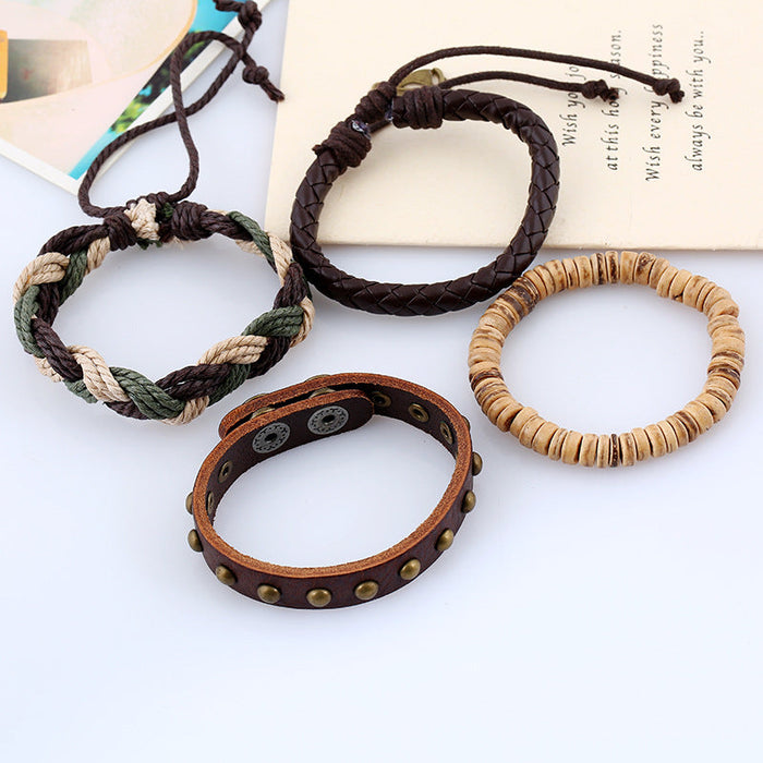 Simple Vintage Woven Combination Men's Leather Bracelet (One Set)
