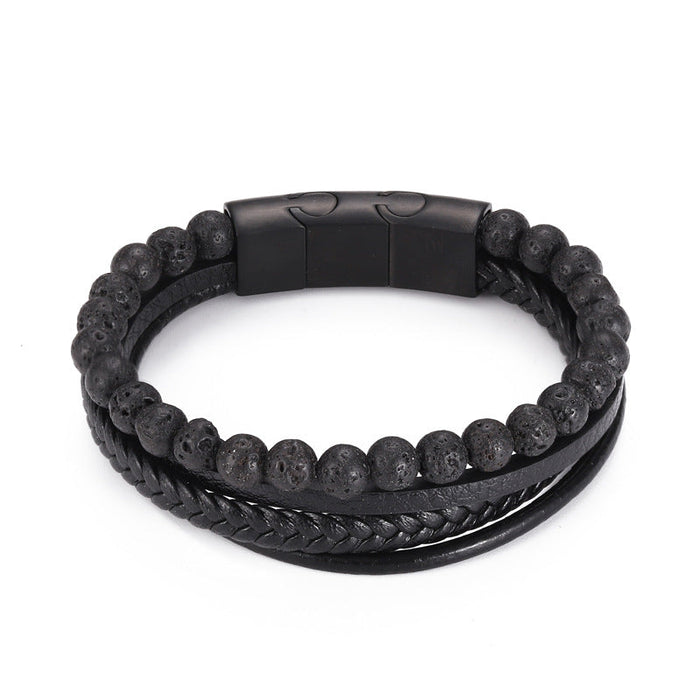 Stainless Steel Adjustable Leather Bracelet Three-section Buckle Personalized Volcanic Stone Accessories