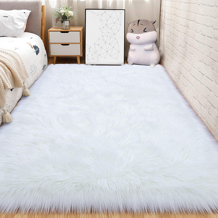Andecor Soft Fluffy Faux Fur Bedroom Rugs 4 x 6 Feet Indoor Wool Sheepskin Area Rug for Girls Baby Living Room Chair Sofa Home Decor Floor Carpet, White