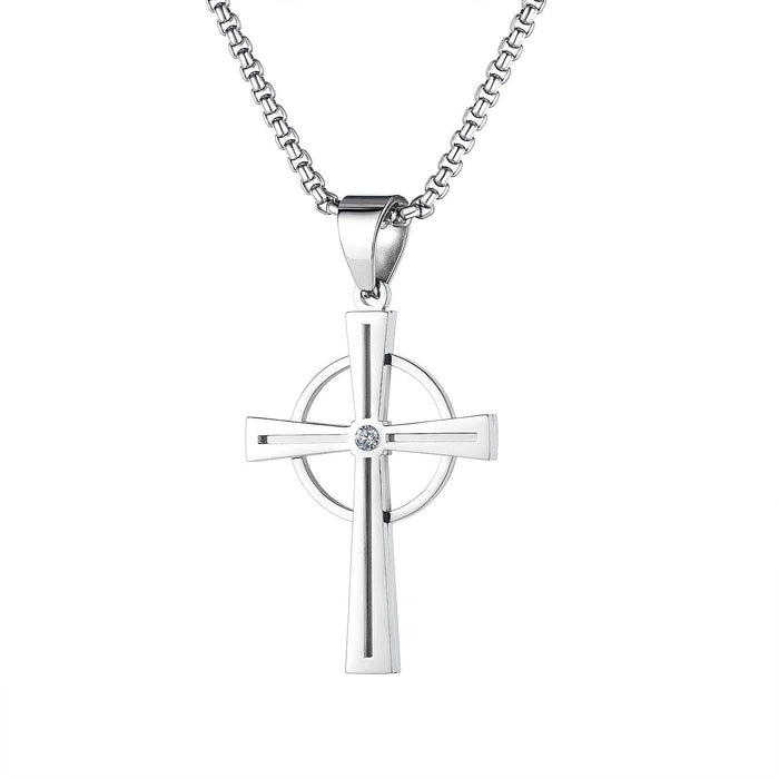 Hip-hop Vintage Religious Circle Cross Pendant Christian Stainless Steel Necklace