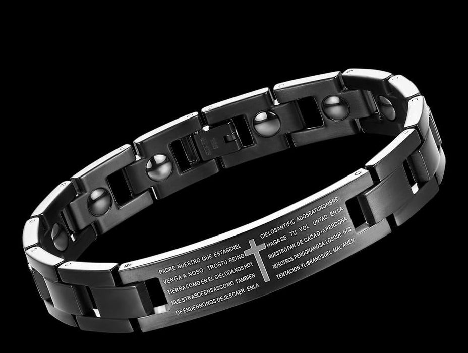 Men's stainless steel bracelet, black gold stainless steel English Bible main prayer cross men's religious wristband bracelet