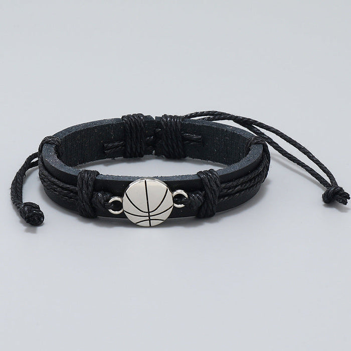 Simple Hand-woven Black Leather Bracelet Basketball Band