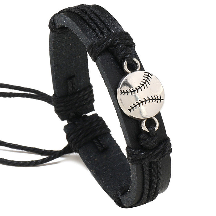 Simple Hand-woven Black Leather Bracelet Baseball Band