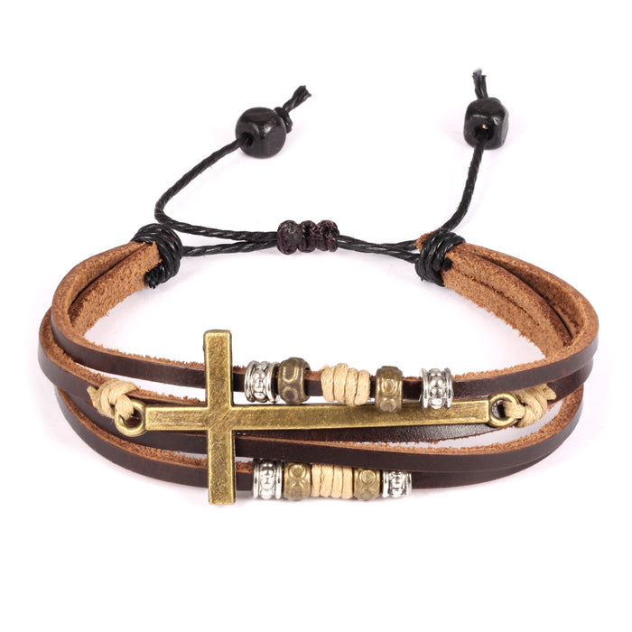 Hand-woven bronze cross bracelet