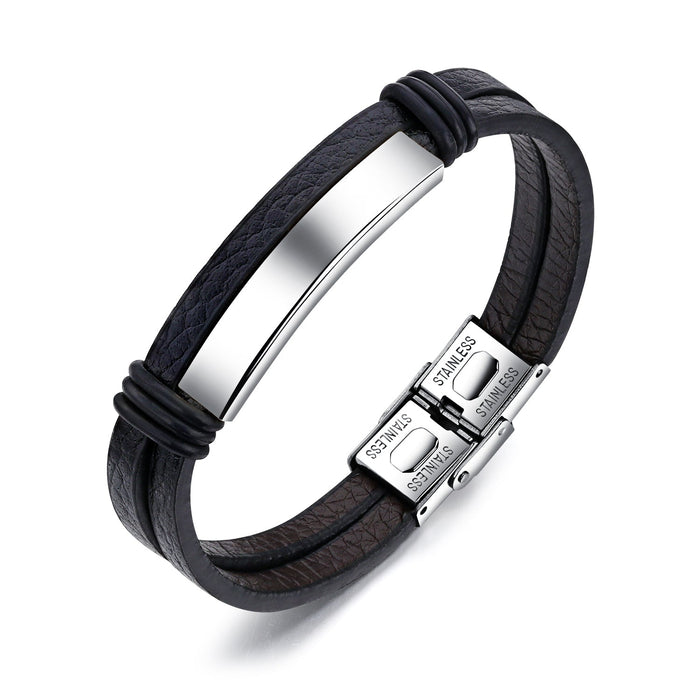 Black Stainless Steel Men's Leather Bracelet Double Layer Bracelet