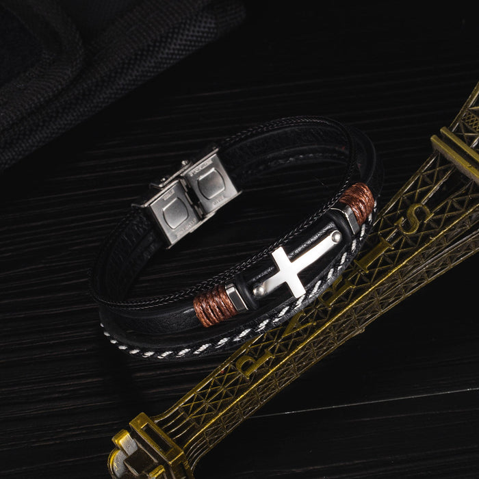 Stainless Steel Cross Woven Leather Bracelet