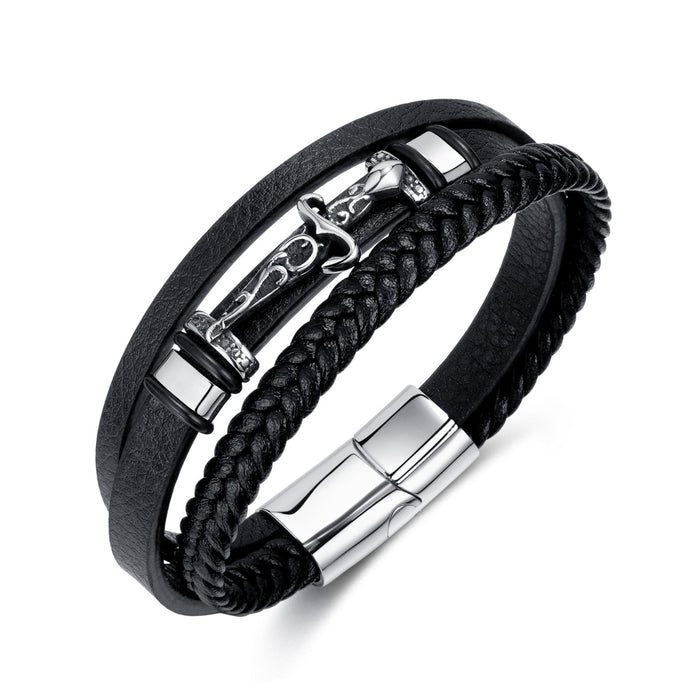 Hand-woven Multi-layer Vintage Leather Bracelet Trendy Men's Hip Hop Style Stainless Steel Cross Sword Bracelet