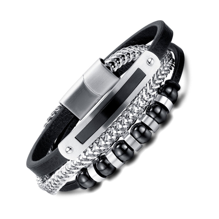 Black Glass Bead Magnetic Buckle Leather Bracelet Multi-layer Men's Braided Leather Bracelet