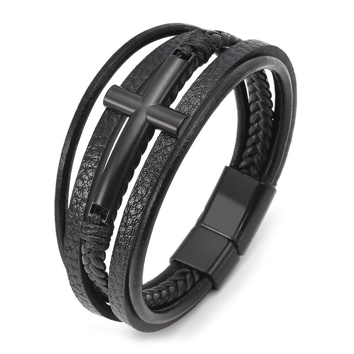 Cross Leather Bracelet Multi-layer Leather Cord Braided Bracelet Men's Alloy Bracelet