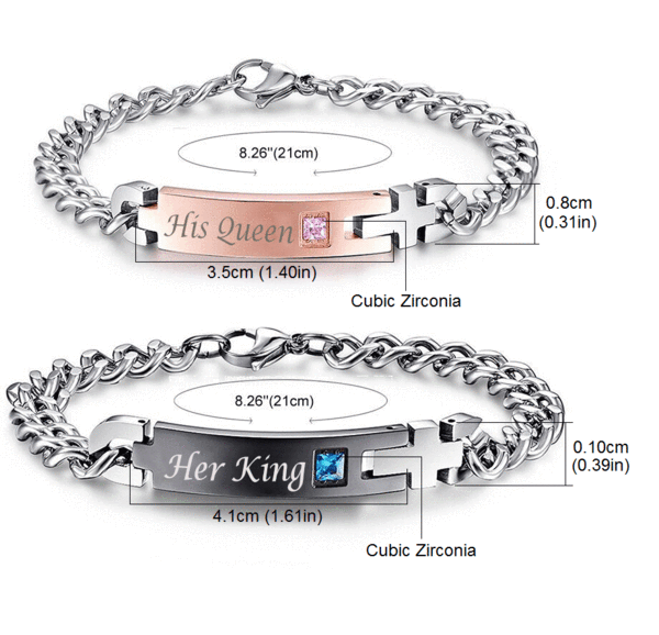 "His Queen", "Her King" Stainless Steel Couple Bracelets