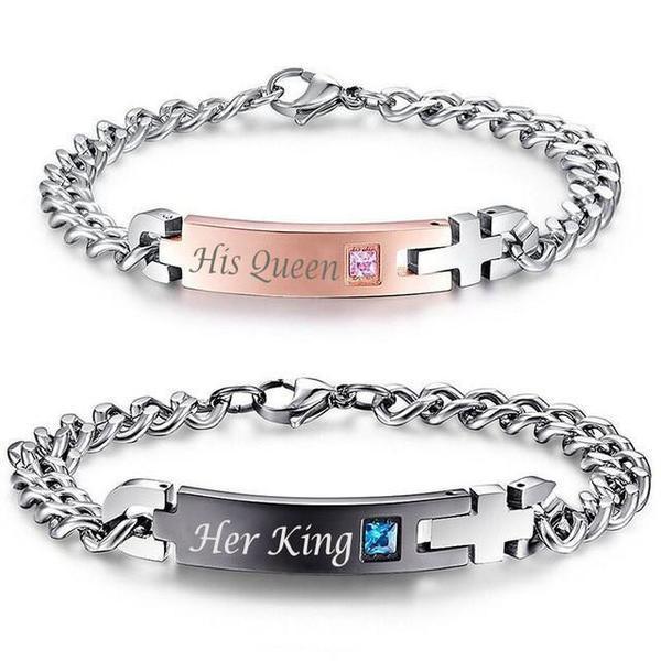 "His Queen", "Her King" Stainless Steel Couple Bracelets