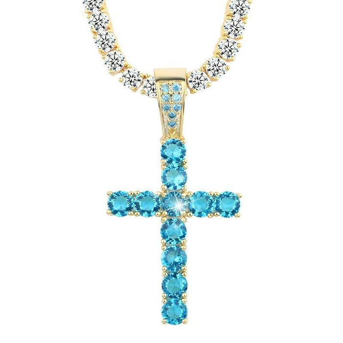 Hip Hop Cross Necklace- Iced Out Crystal With Blue Pendant